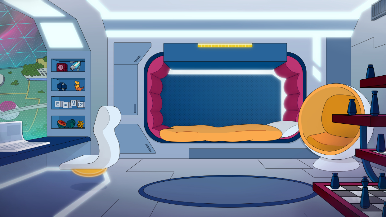 Bedroom of nerdy 12-year-old boy in a space colony