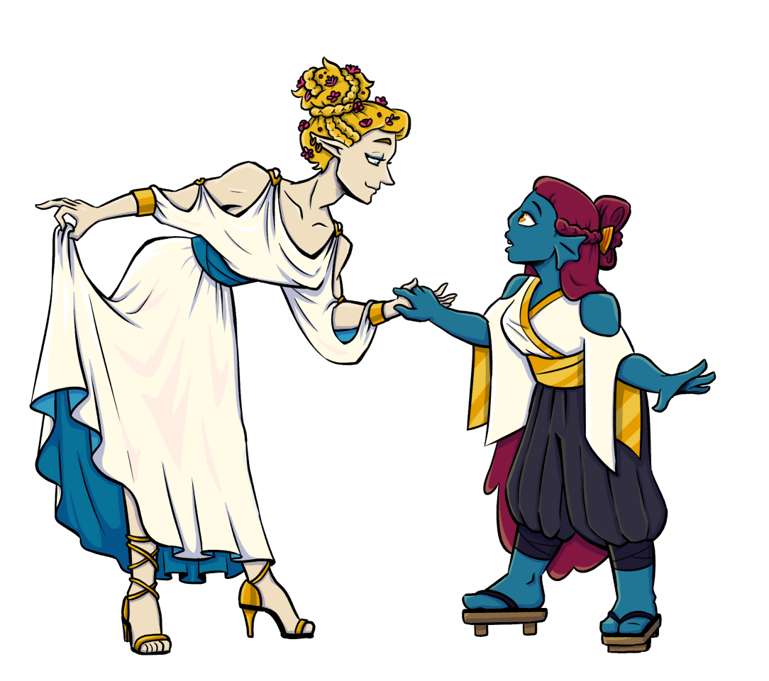 Costume exploration for formal event in story <br> As a couple, their colours were structured to be complementary