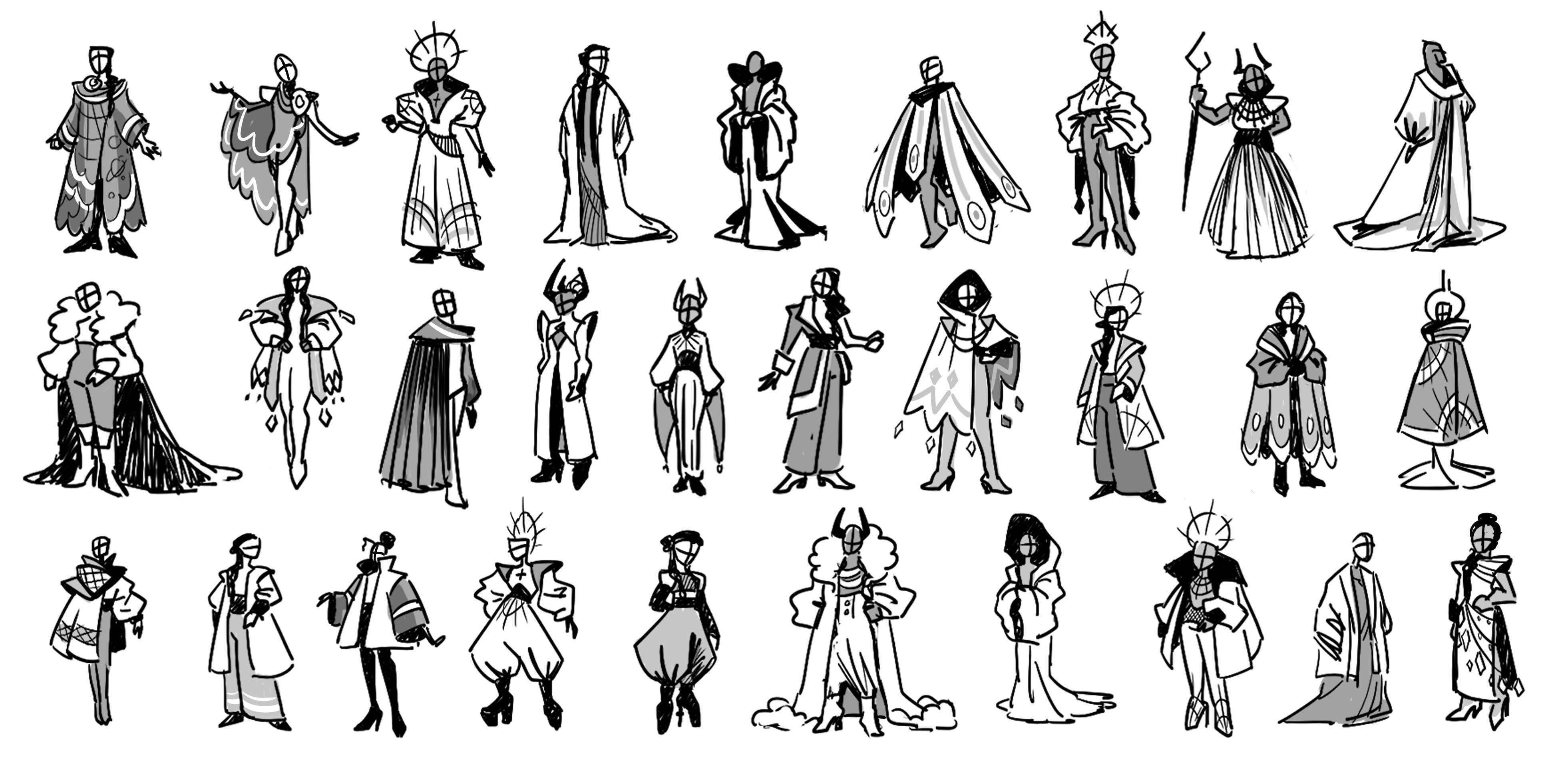 Original costume thumbnails. With strong inspiration from gender-fluid high fashion, many possible outfits were designed for Hamlet, trying to reflect his madness through eccentric clothing. Finally, it was decided that Hamlet should have an old fashion, drapey clothing, and the rest of the world should instead use the high fashion design inspiration.