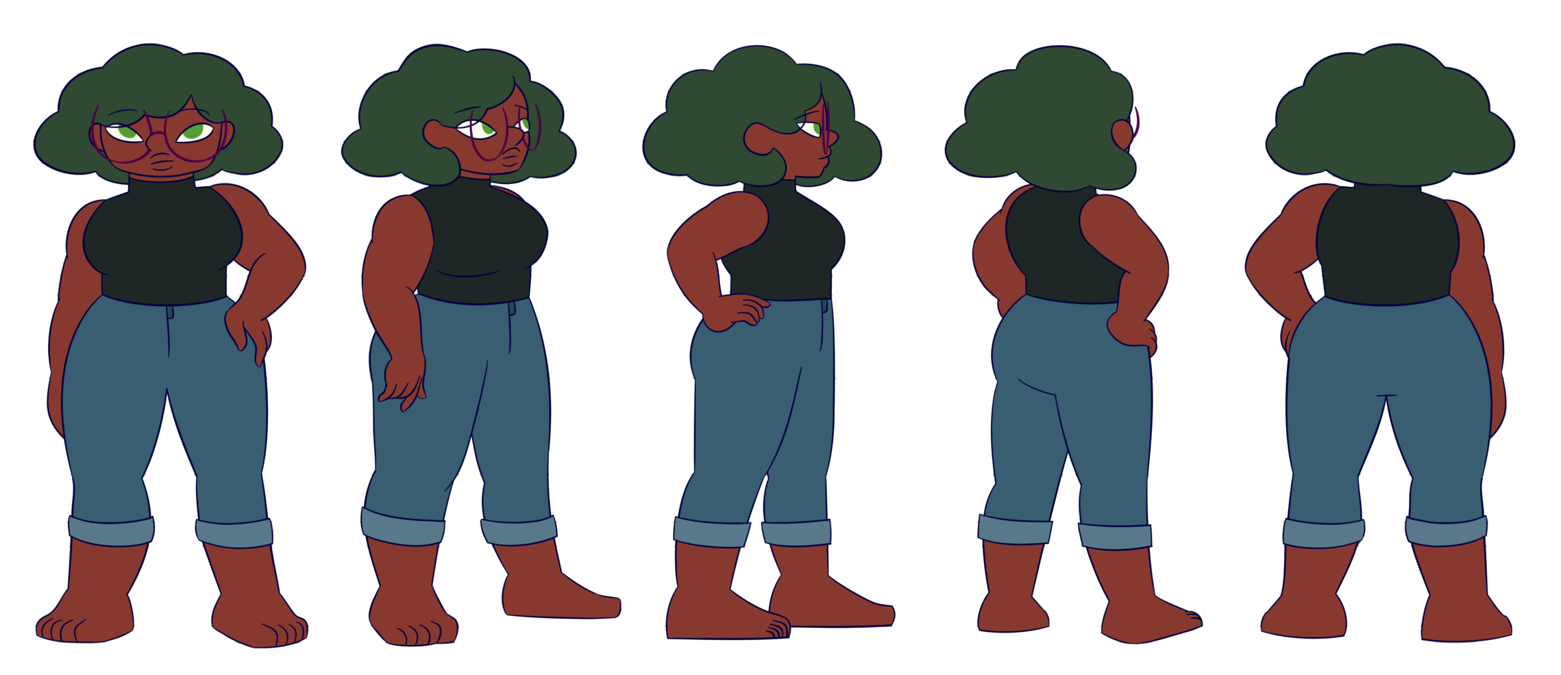 Turn around of Amara, using sturdy shapes and green to represent her sturdy yet calm personality, with hints of red for contrast and representation of her ambition and fiery mood