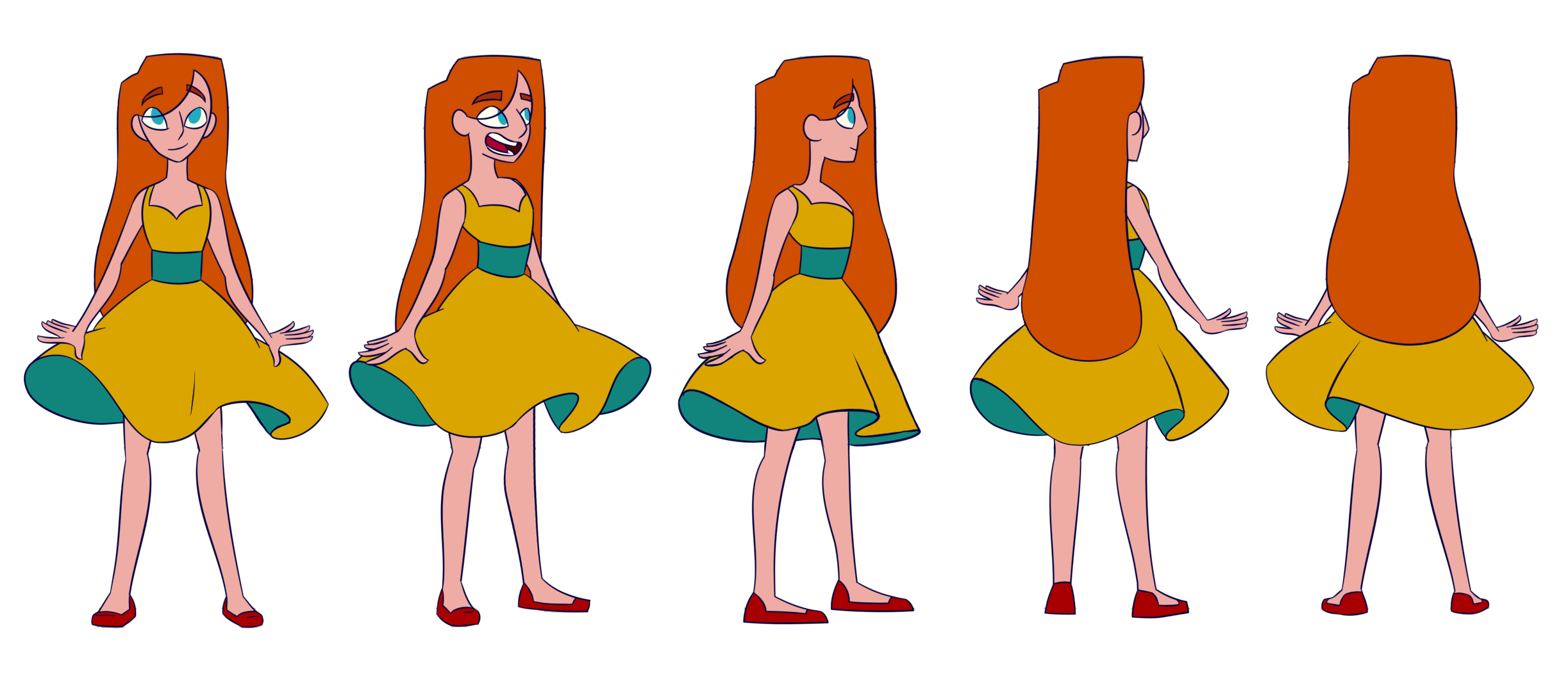 Turn around of Dahlia, using flowy shapes and orange to represent her energetic personality, with hints of blue for contrast and representation of the sadness that overtakes her throughout the story