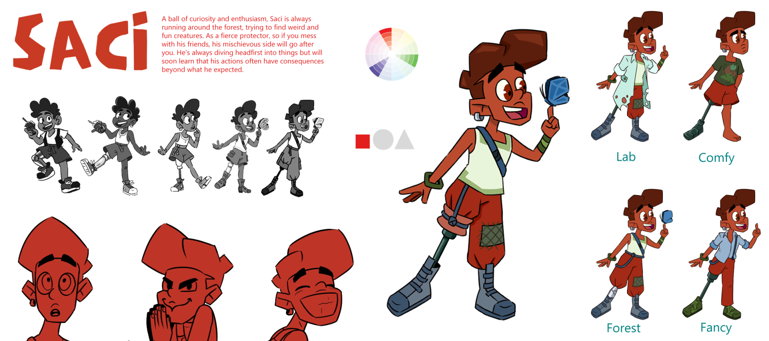 Character sheet for Saci, with description, concept development, final design, expression studies, and outfit variations for diferent situations